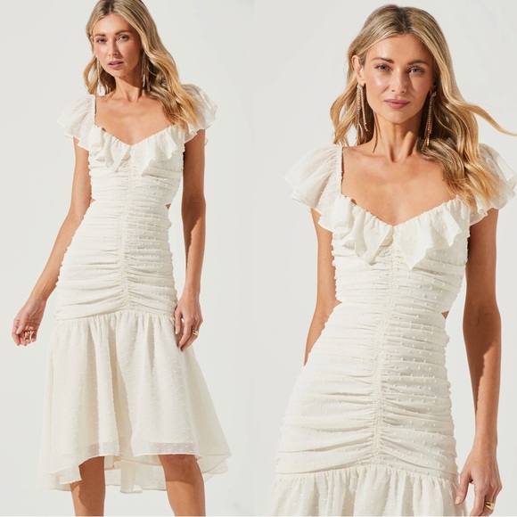 ASTR Ivory Cream Off White Swiss Dot Textured Ruched Ruffle Cut Out Midi Dress - Picture 6 of 17